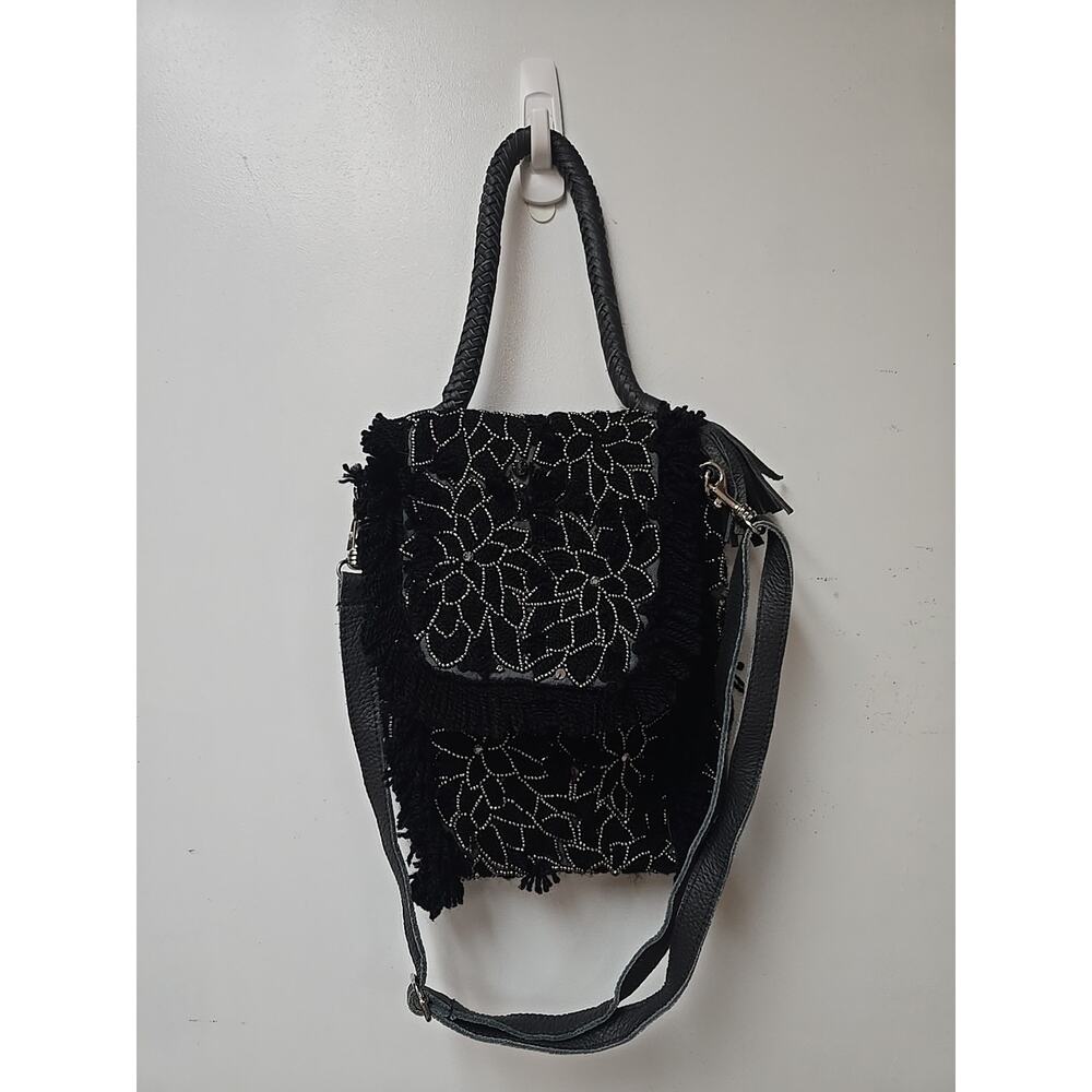 Ibban Hailey SMB Grey Leather Boho Fringe Crossbody Bag Floral Beaded Handcraftd